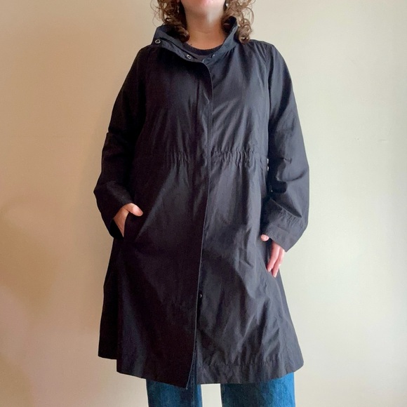 Eileen Fisher - Light Cotton/Nylon Stand Collar Long Coat, Black - Picture 4 of 11